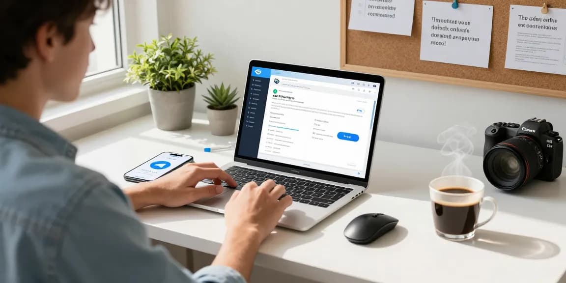 Professional using Telegram Web Version on laptop in bright workspace with coffee and tech gadgets.