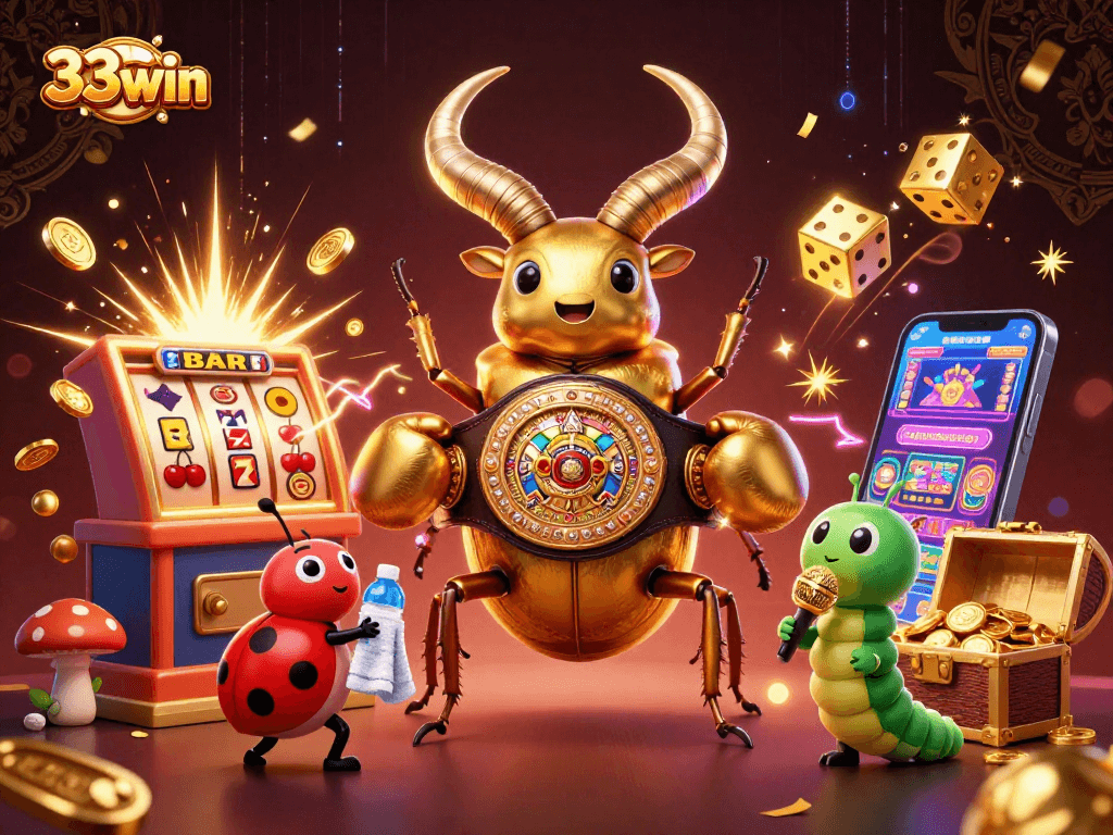 Engage with 33win's vibrant casino scene showcasing dynamic slot action and whimsical characters.