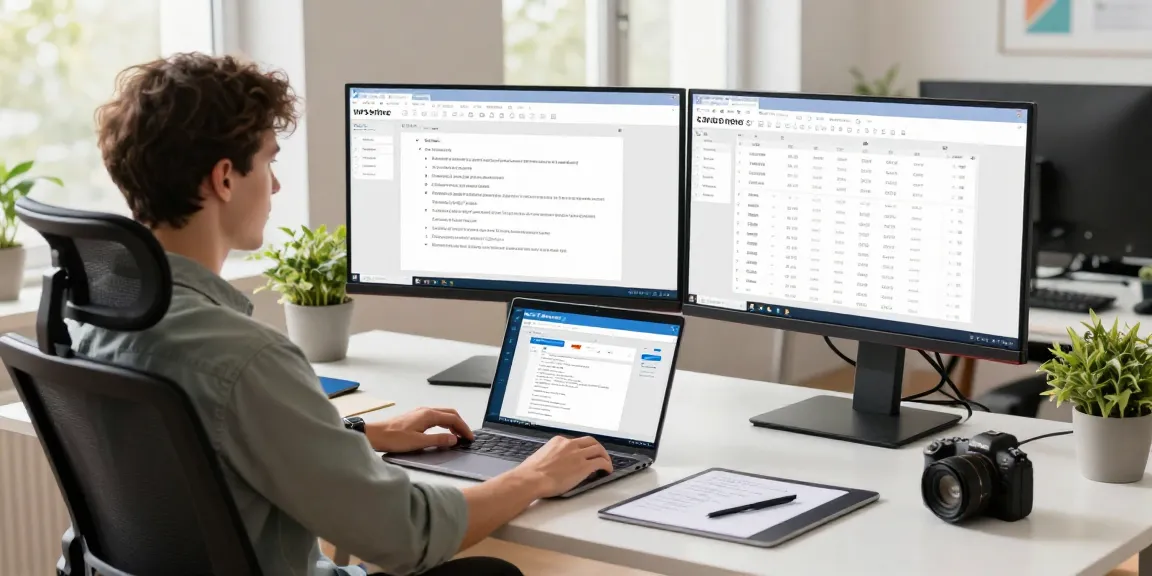 Download WPS Office in a modern workspace with dual monitors and collaborative tools for productivity.