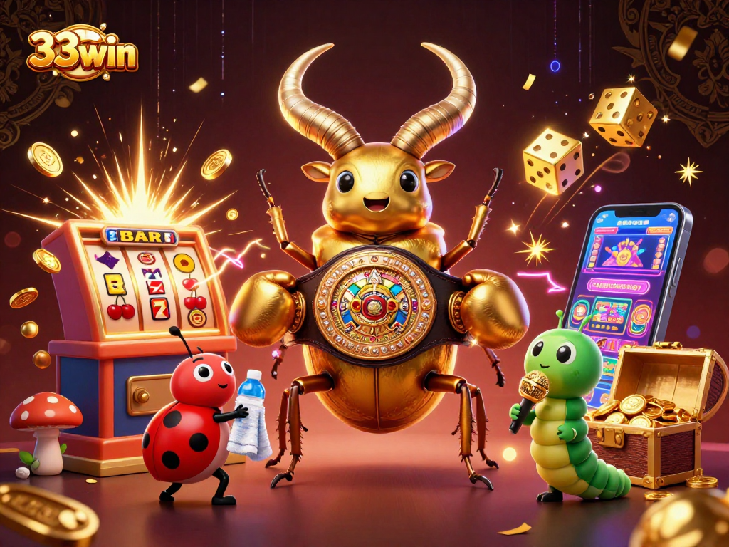 Engage with 33win's vibrant casino scene showcasing dynamic slot action and whimsical characters.