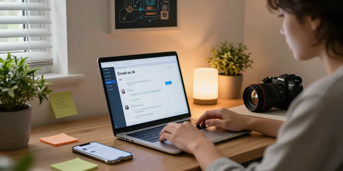 User enjoying Crush on AI interaction in a cozy home office setting with a laptop and smartphone.