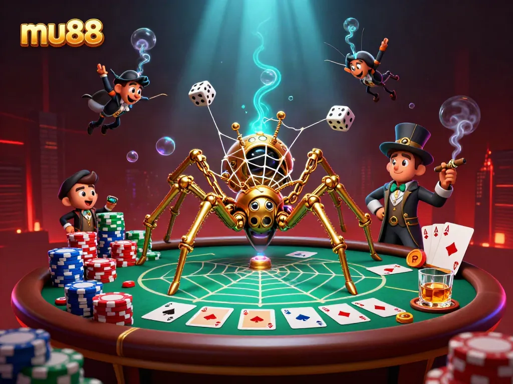 Experience thrilling gameplay at mu88 with golden spider and poker chips in a vibrant casino scene.