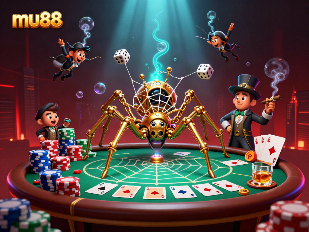 Experience thrilling gameplay at mu88 with golden spider and poker chips in a vibrant casino scene.