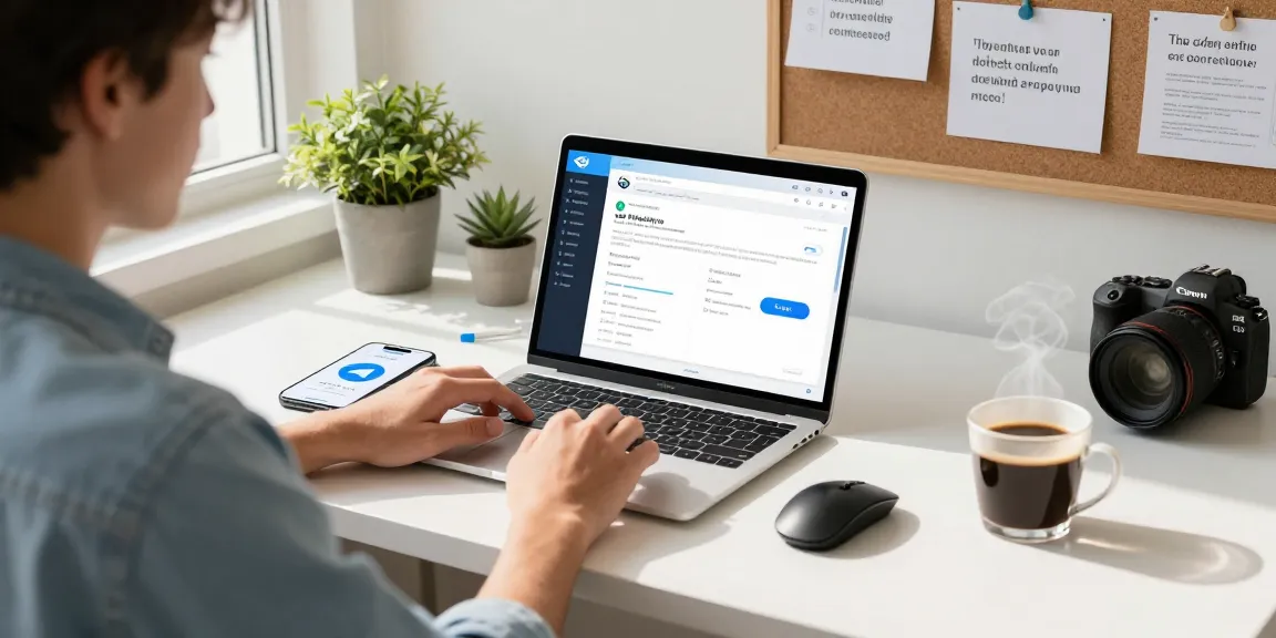 Professional using Telegram Web Version on laptop in bright workspace with coffee and tech gadgets.