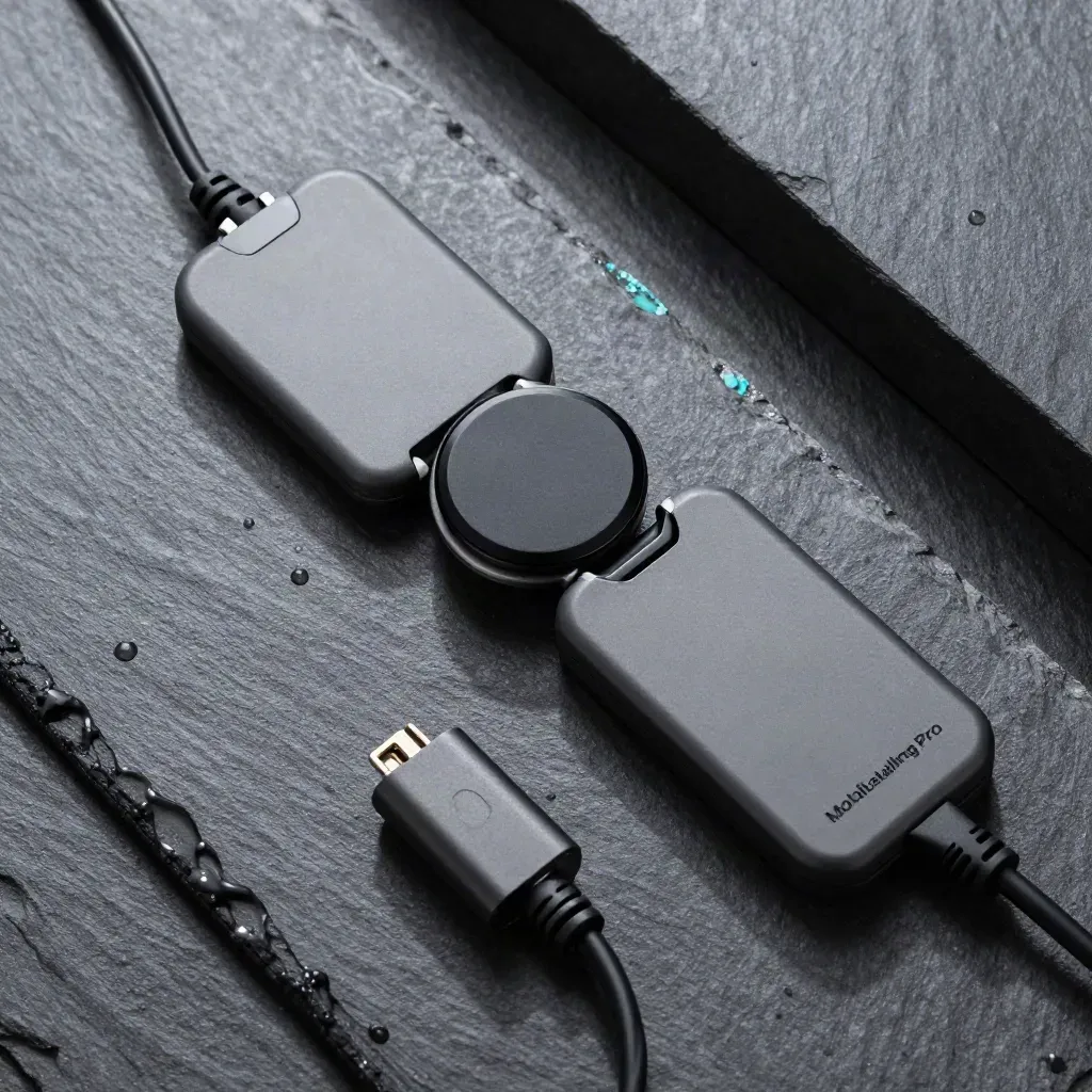 Överhead flatlay av terminal, kontaktlös puck och mobilhållare på mörk basalt med vattendroppar.