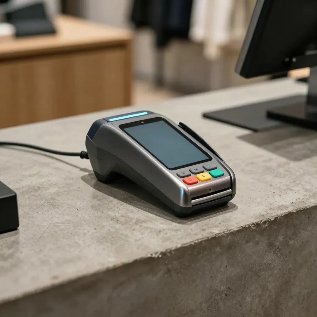 Betalterminal, mobilhållare och kontaktlös läsare på rå betong i mörk butiksmiljö.