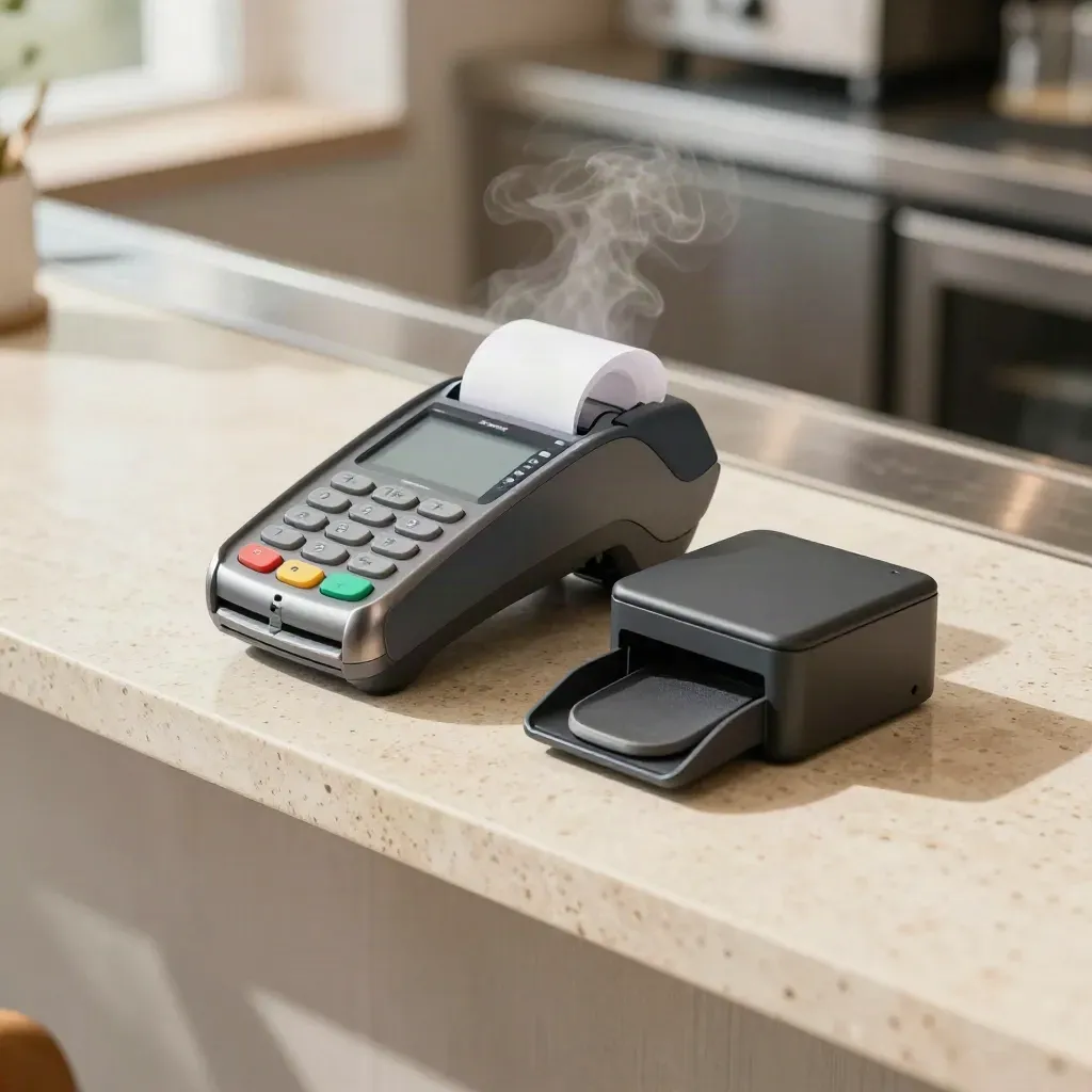 Betalterminal och kvittorulle på ljus travertinhylla med mjukt caféånga i bakgrunden