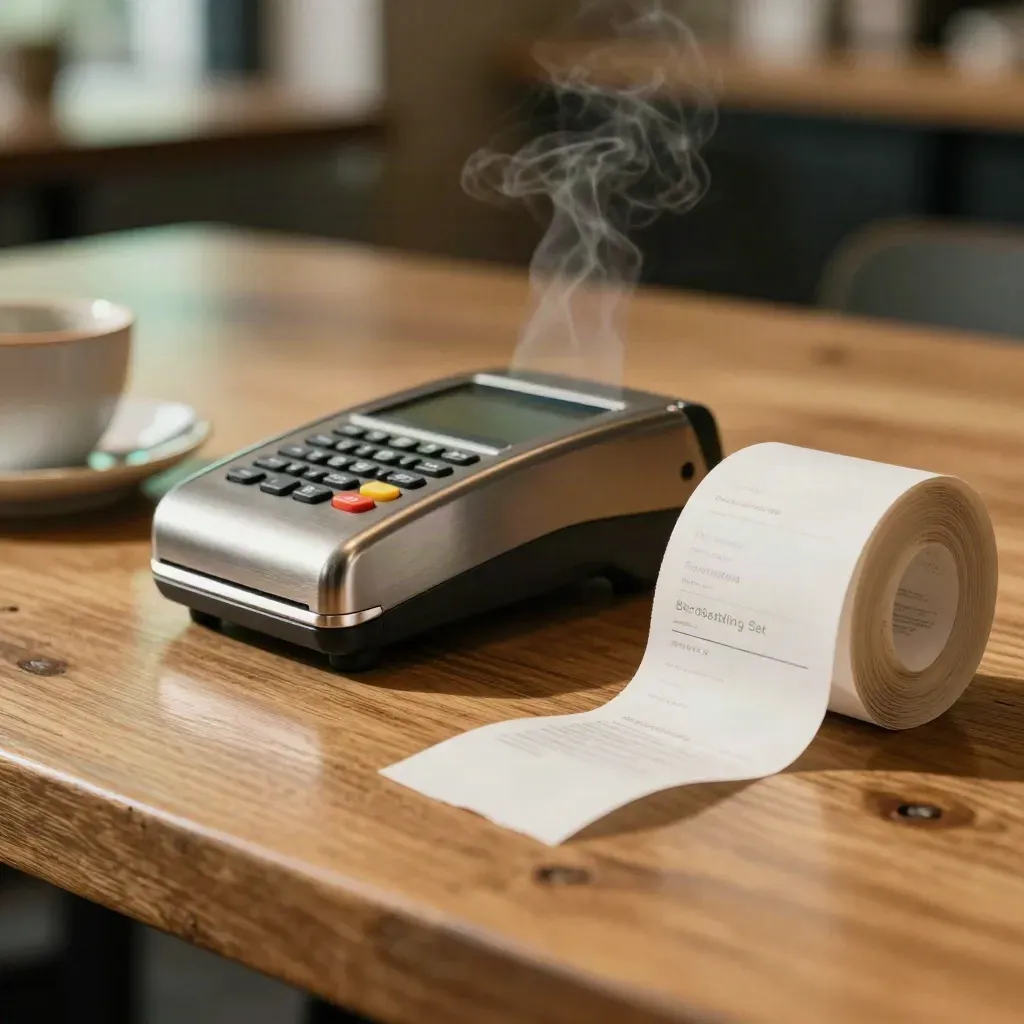 Bordsbetalning-set med terminal, kvittorulle, koppkant och metallfot i varm närbild