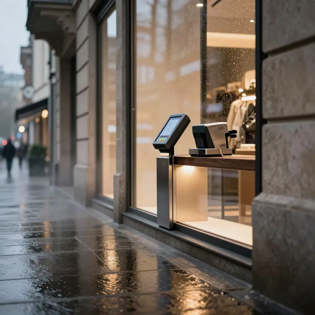 Våt butiksgata i kvällsljus med kontaktlös betalterminal och lugn yta för text