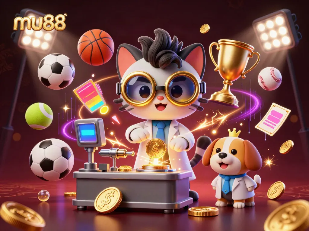 Experience exciting betting action with mu88's vibrant 3D illustration full of casino elements and sports themes.