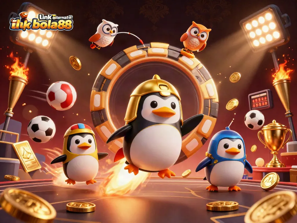 Experience thrilling sports betting with link alternatif bola88; a golden penguin and dynamic sports elements ignite excitement.