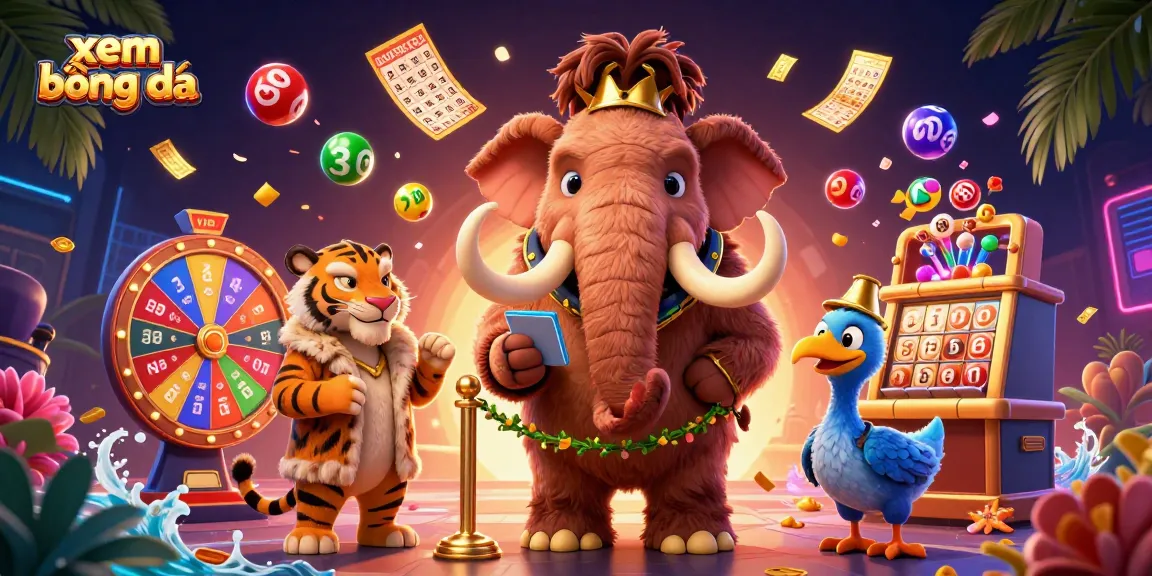 Xem bóng đá dynamically engages with colorful lottery elements in a rich casino-themed scene.