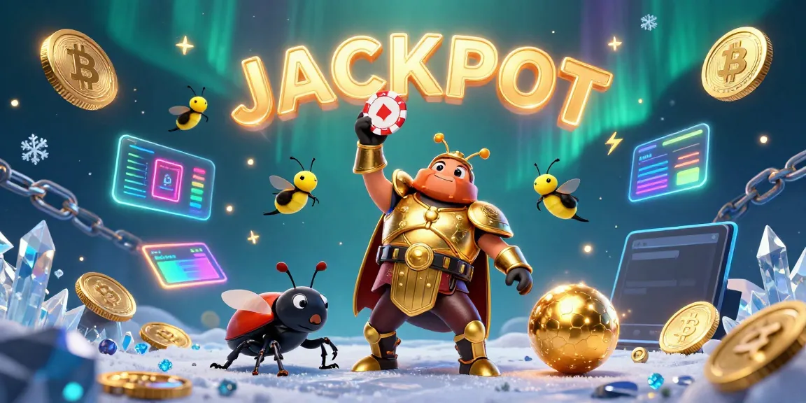 Engage with AU88's fun online casino experience as the cartoon beetle hero lifts a poker chip in victory amid vibrant game elements.