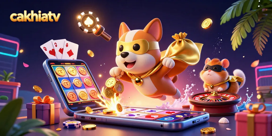 Cakhiatv offers gamblers an exciting dynamic scene with a superhero dog and hamster amid casino-themed game elements.